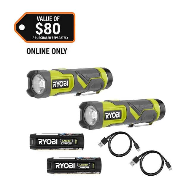 600 Lumens LED USB Lithium Compact Flashlight Kit 3-Mode with Battery and Charging Cable (2-Pack)