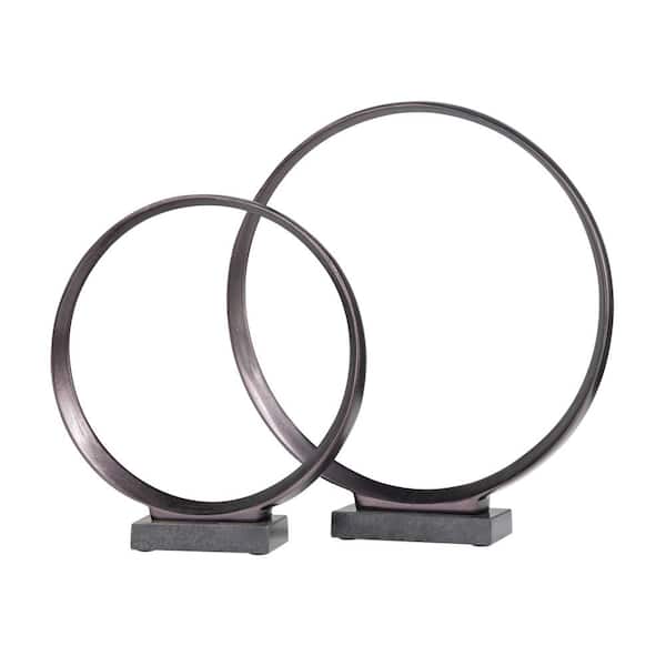 Litton Lane Dark Gray Aluminum Geometric Sculpture with Marble Base (Set of 2)