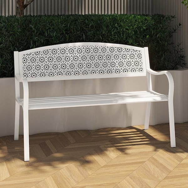49 in. 2-Person White Metal Outdoor Garden Bench