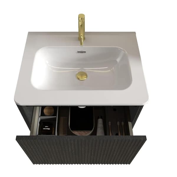 FAMYYT 24 in. W Single Sink Striped Brushed Floating Black Oak