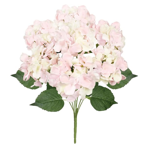 LIVING LUXURY 20 in. Deluxe Blush Pink Artificial Hydrangea Flower Stem Bush Bouquet (Set of 2)