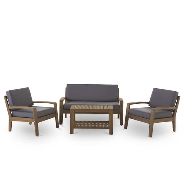 Grenada Grey 4-Piece Wood Outdoor Patio Conversation Set with Dark Grey Cushions