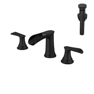 Waterfall Double Handle 3-Hole 8 in. Widespread Bathroom Faucet with Pop Up Drain in Matte Black