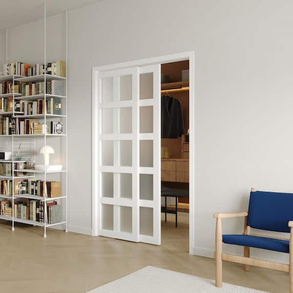 48 in. x 80 in. MDF wood, White Double Frosted 5 Panel Glass Sliding Door with All Hardware