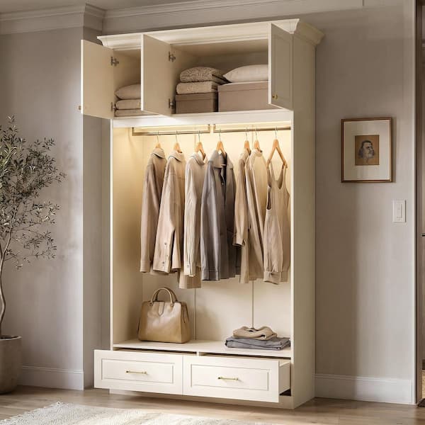 Cream Wood 58.6 in. Armoire with Hanging Rod, 2-Drawers, 3-Top Cabinets, Remote Controlled LED Lighting