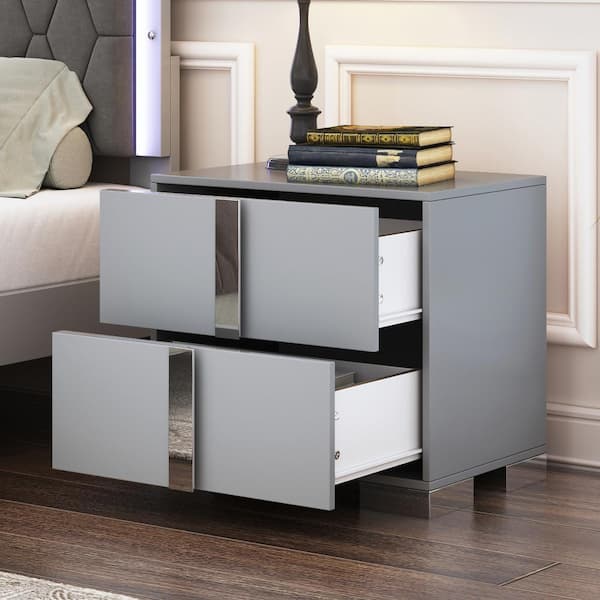 Elegant Wood Nightstand with Metal Handle, Mirrored Bedside Table with 2-Drawers, Gray