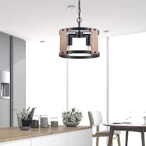 2-Light Brown Pendant Light with Open Drum Shade and Wood Accents