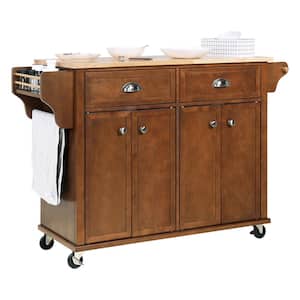 52 in. W x 18 in. D x 36 in. H Brown Linen Cabinet with Rolling Kitchen Island, Drop Leaf and Adjustable Shelves