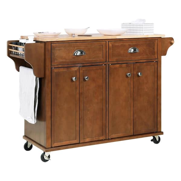 Unbranded 52 in. W x 18 in. D x 36 in. H Brown Linen Cabinet with Rolling Kitchen Island, Drop Leaf and Adjustable Shelves
