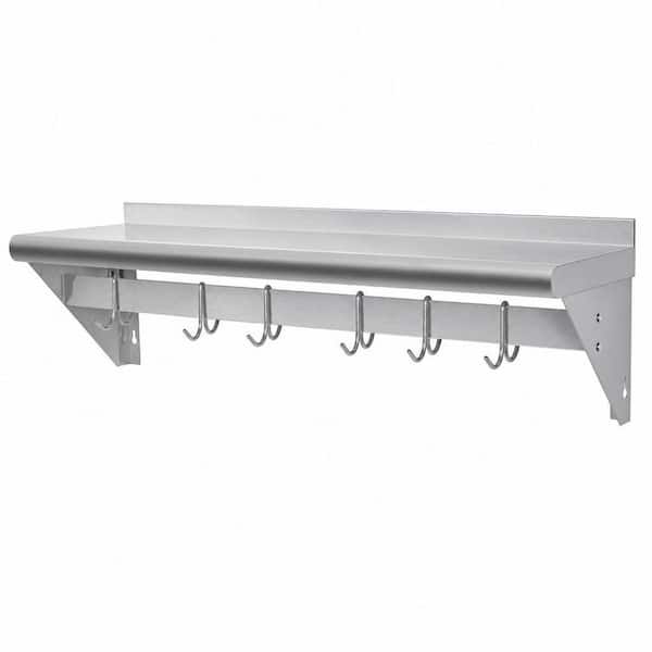 12 in. x 36 in. Stainless Steel Shelf with 6 Hooks, Wall Mounted Pot Rack, NSF Commercial Floating Shelving