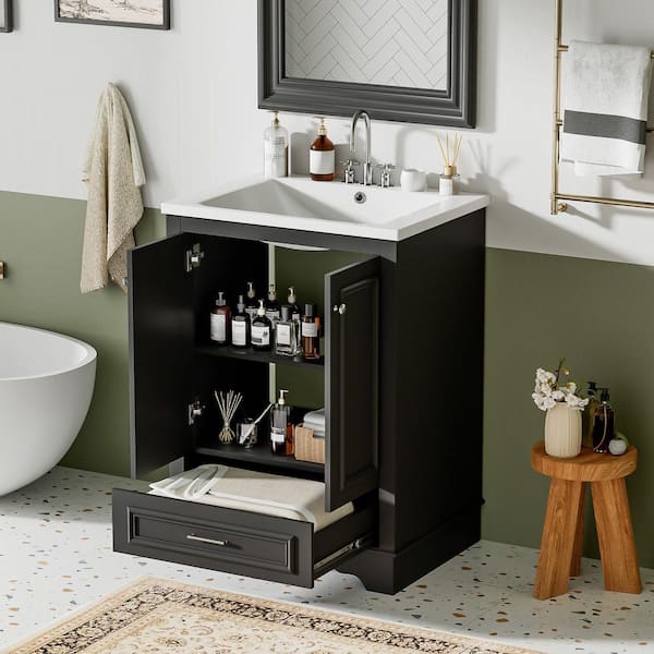 24 in. Single Sink Freestanding Black Bath Vanity with White Ceramic Top and One Drawer Storage Door Cabinet Unassembled