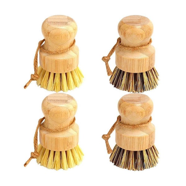 Bamboo Finish Palm Wood Dish Brush Set Natural Fiber Bristles Ergonomic Handle Kitchen Cleaning Accessory 4-Pieces