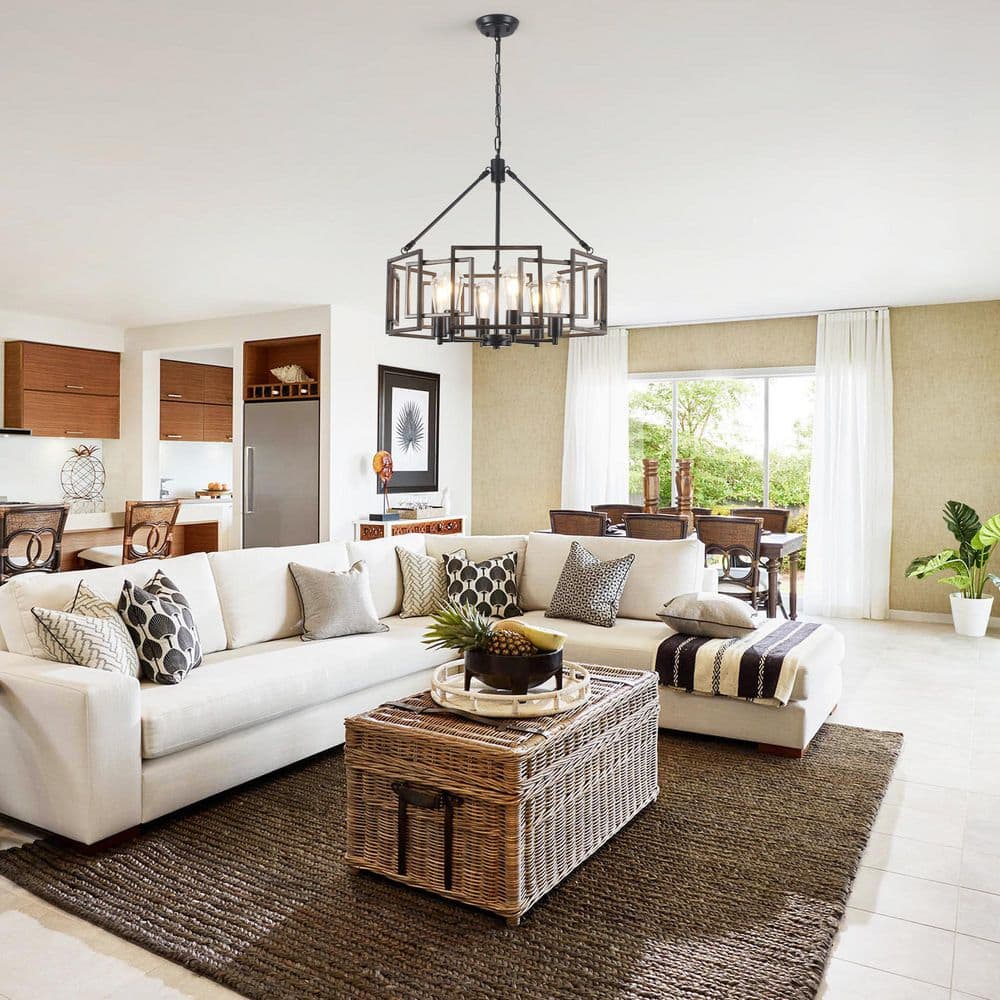 "6 light 24.02"" Black/Brown Large IndustrialMetal Geometric Drum Hollow Chandelier for Dining Room with no bulbs included" price history on PriceWatchPro