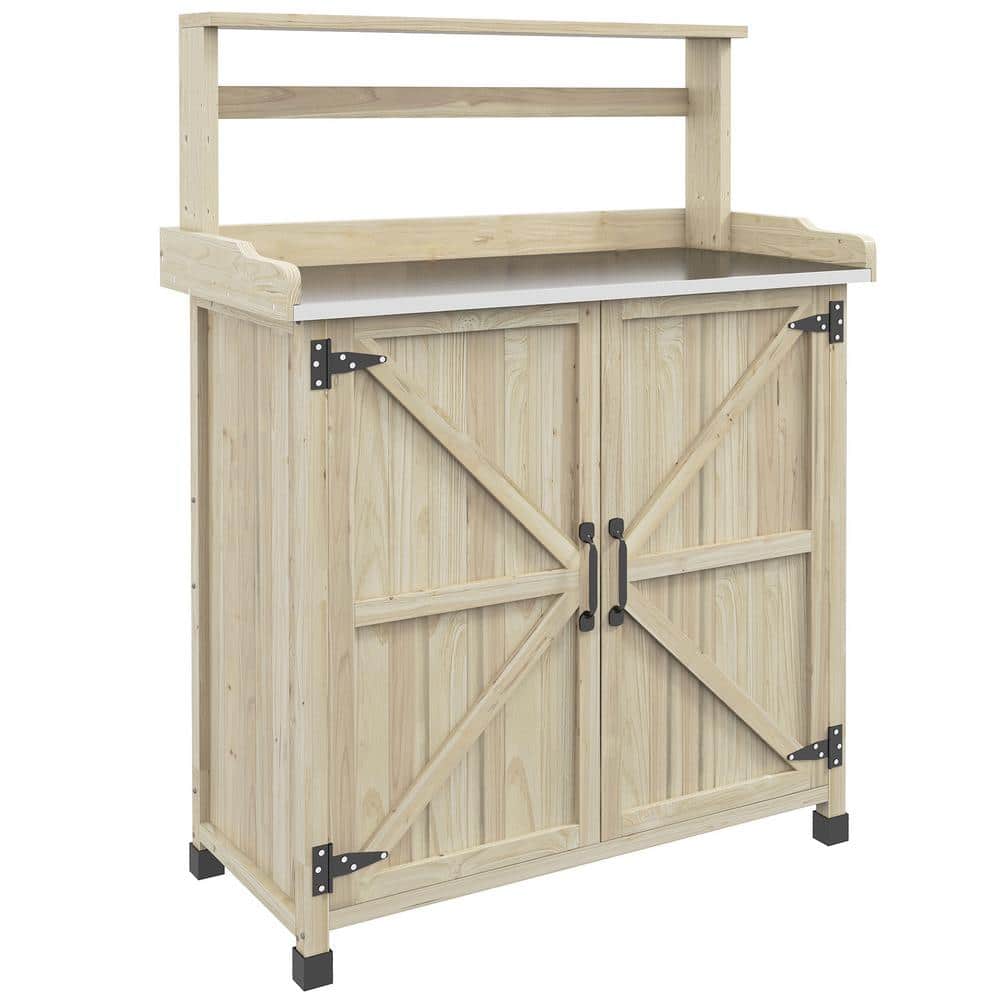 35.75 in. W x 49 in. H Nature Wooden Potting Table Bench with Storage Cabinet and 2 Shelves for Backyard, Balcony price history on PriceWatchPro