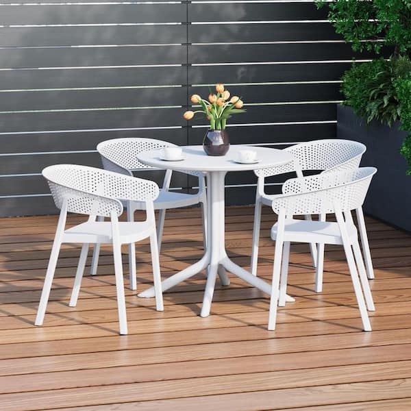 Frond and Form Modern Outdoor Patio Poly Plastic 5-Piece Round Table Dining Set w/ 4 Stackable Chairs in White