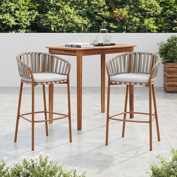 CHRISTOPHER KNIGHT HOME Lodi Modern Patio Metal and Rope Woven Outdoor Bar Stools with Beige Cushions, Teak, Set of 2