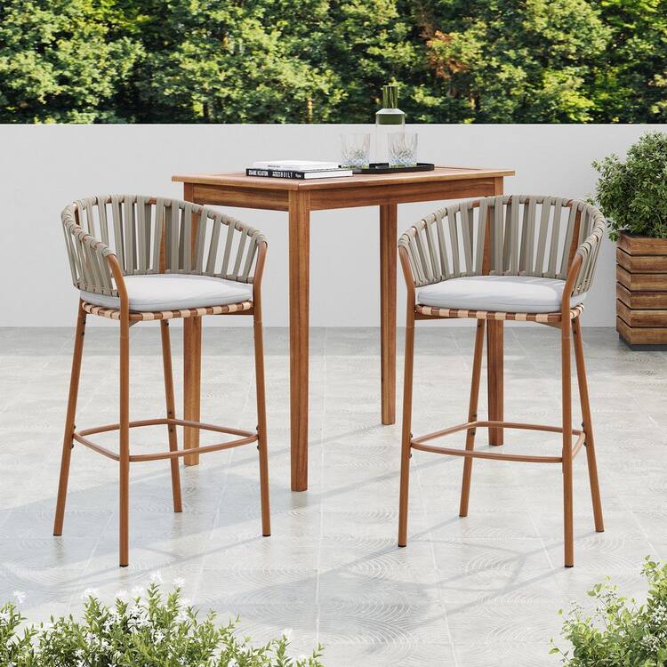 CHRISTOPHER KNIGHT HOME Lodi Modern Patio Metal and Rope Woven Outdoor Bar Stools with Beige Cushions, Teak, Set of 2