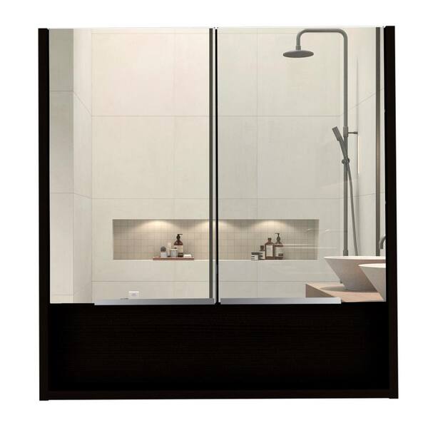 Zeus & Ruta Beige 23.6 in. W x 24.6 in. H Rectangular Particle Board Mirror Medicine Cabinet with Mirror Surface Mount Double Door