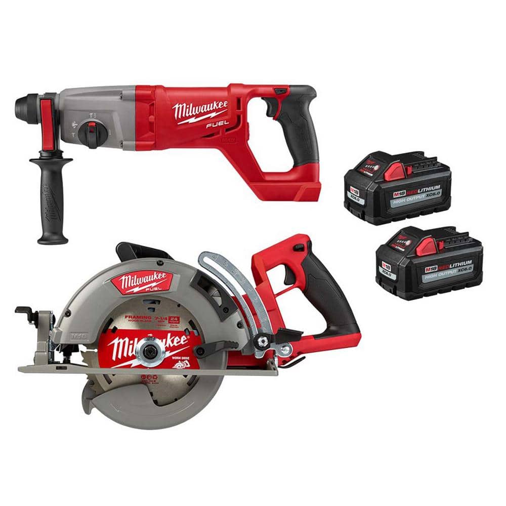 Milwaukee M18 FUEL 18V Lithium-Ion Brushless Cordless 1 in. SDS-Plus R Hammer w/7-1/4 in. Rear Handle Circ, Two 6Ah HO Batteries -  2713-2830-1862