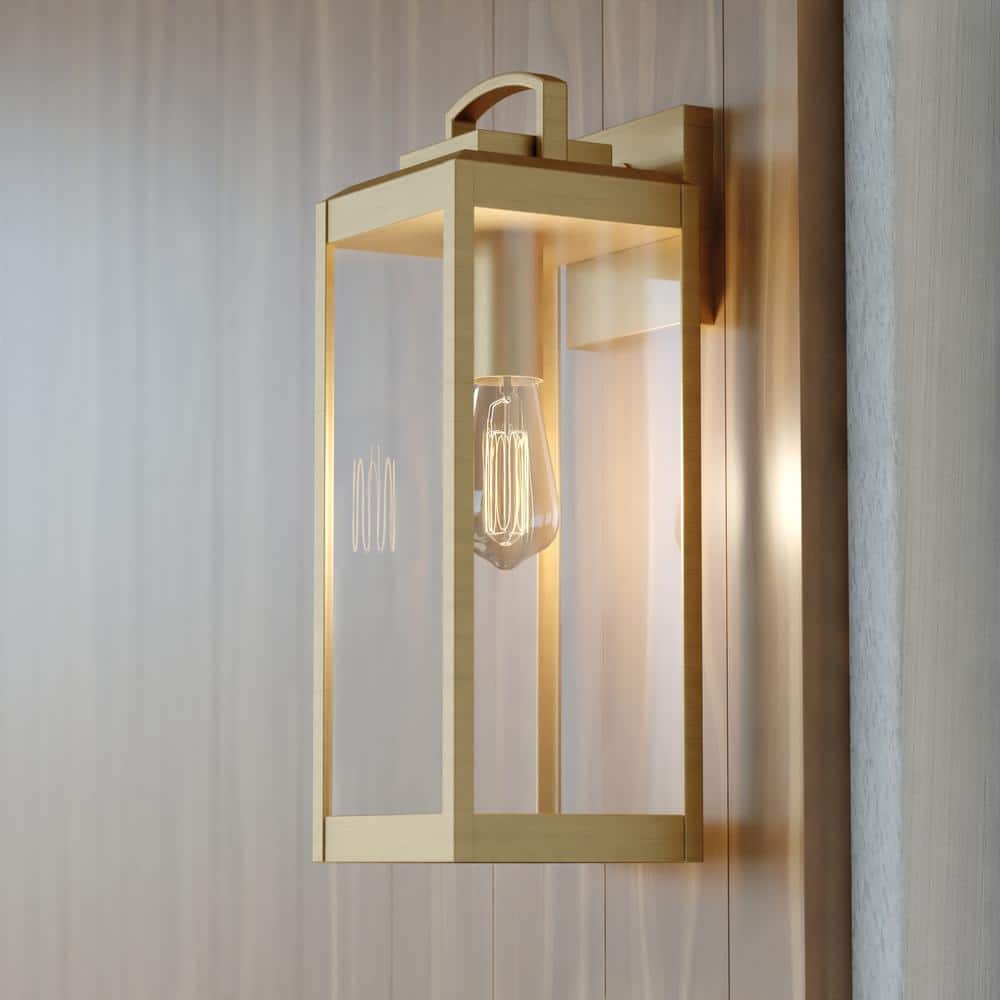 Kinzie 16.75 in. H 1-Light Dusk to Dawn Gold Vintage Brass Hardwired Outdoor Wall Lantern Fixture with Clear Glass price history on PriceWatchPro