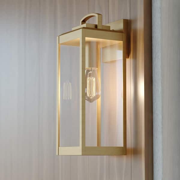 VAXCEL Kinzie 16.75 in. H 1-Light Dusk to Dawn Gold Vintage Brass Hardwired Outdoor Wall Lantern Fixture with Clear Glass