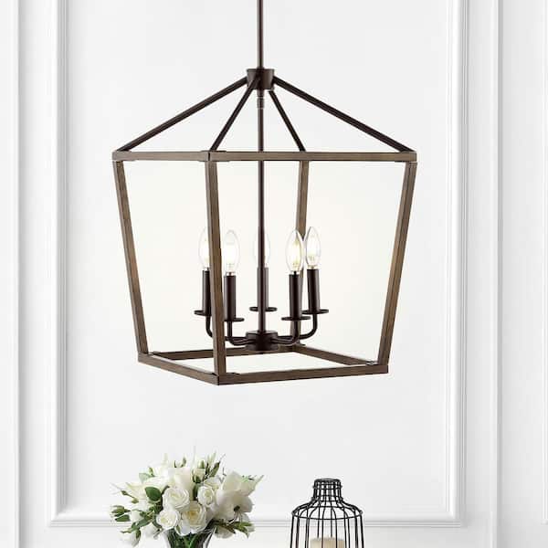JONATHAN Y Oria 16 in. 5-Lights Oil Rubbed Bronze/Faux Wood Iron Farmhouse Industrial Lantern LED Pendant