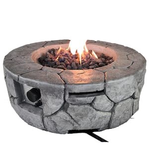 28 in. W Gray Round Concrete Base Multi-fuel LP Gas Fire Pit with Electronic Adjustable Igition, Lava Rocks, 40000 BTU