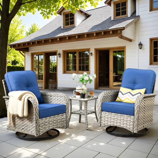 weaxty W Gerbera 3-Piece Gray Wicker Outdoor Rocking Chairs with Coffee Table and Navy Blue Cushions