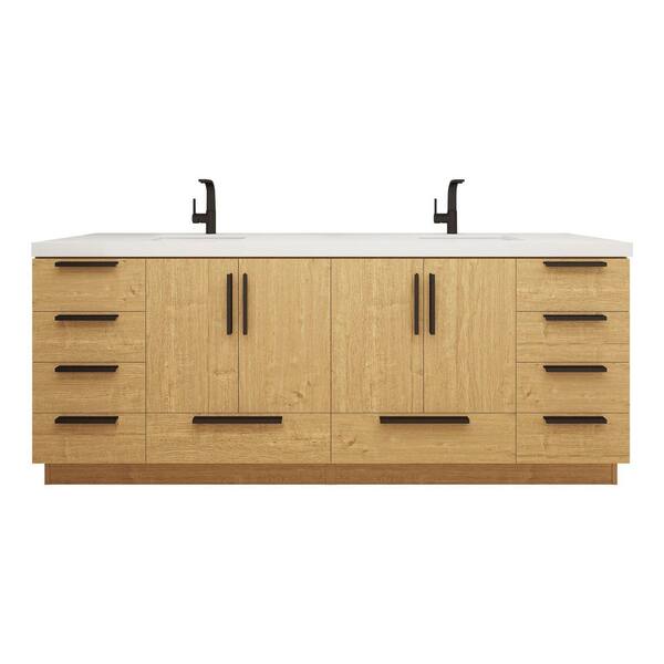Carla 84 in. W x 20 in. D x 35 in. H Double Sink Freestanding Bath Vanity in Teak Oak with White Acrylic Top