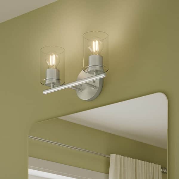 Replay 13 in. 2-Light Brushed Nickel Vanity Light with Clear Glass Shades
