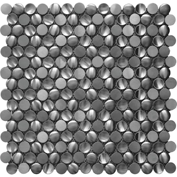 Apollo Tile Silver 4 in. x 5 in. Polished Finish Stainless Steel Penny Pebble Pattern Wall Mosaic Tile Sample (0.13 sq.ft./Piece)
