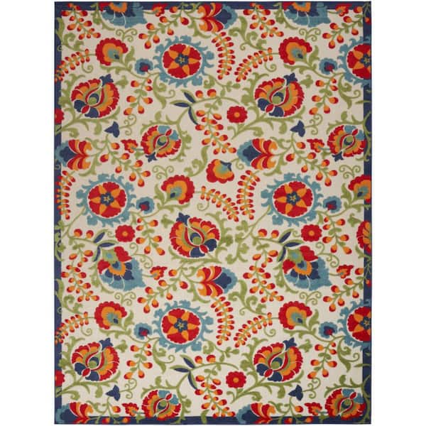 Ivory, Blue, Orange 10 ft. x 14 ft. Woven Abstract Polyester Rectangle Indoor/Outdoor Area Rug
