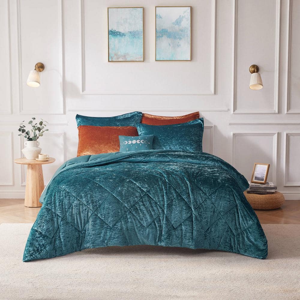 Teal Crushed Velvet Quilted Full/Queen Duvet Set