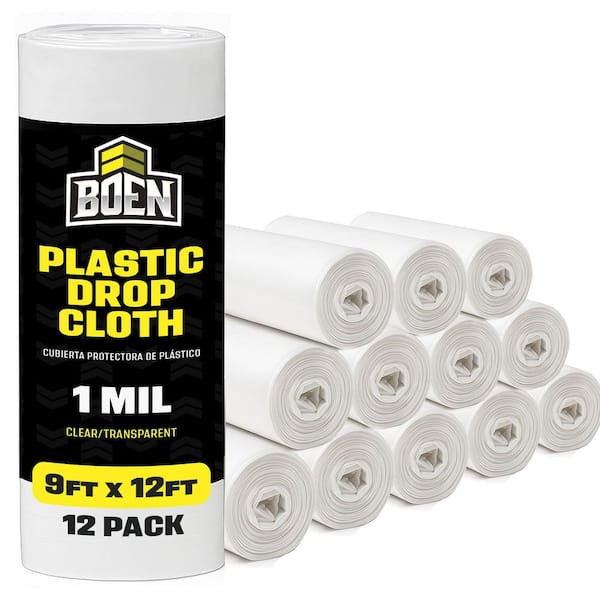 Painters Plastic Sheeting 9 ft. x 12 ft. 1 Mil Clear Plastic Drop Cloth, 12-Pack