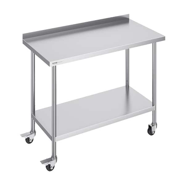 VEVOR 24 x 48 x 40 in. Stainless Steel Commercial Kitchen Prep Table with Casters Metal Table with Adjustable Height Silver