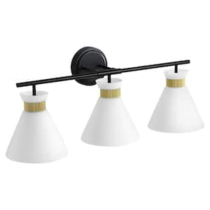 26.4 in. 3-Light Black and Gold Vanity Light with Milk White Glass Shade Modern Bathroom Light Fixture