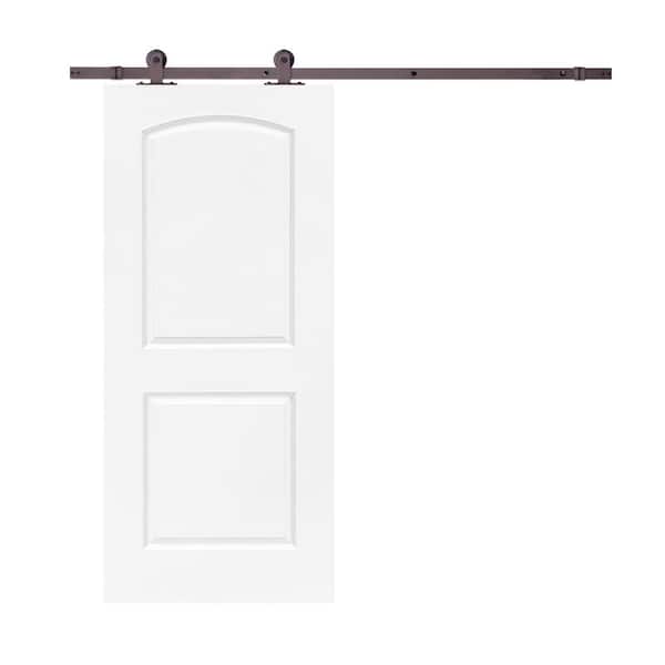 CALHOME 30 in. x 80 in. White Primed Composite MDF 2 Panel Round Top Interior Sliding Barn Door with Hardware Kit