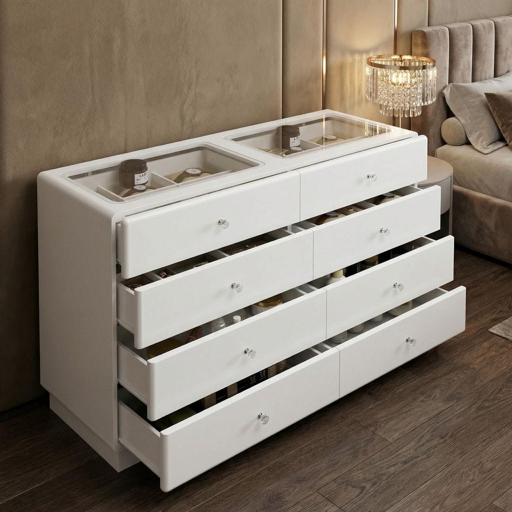 FUFU&GAGA White 8 Drawer 55.1 in. Dresser with LED Lights, Glass