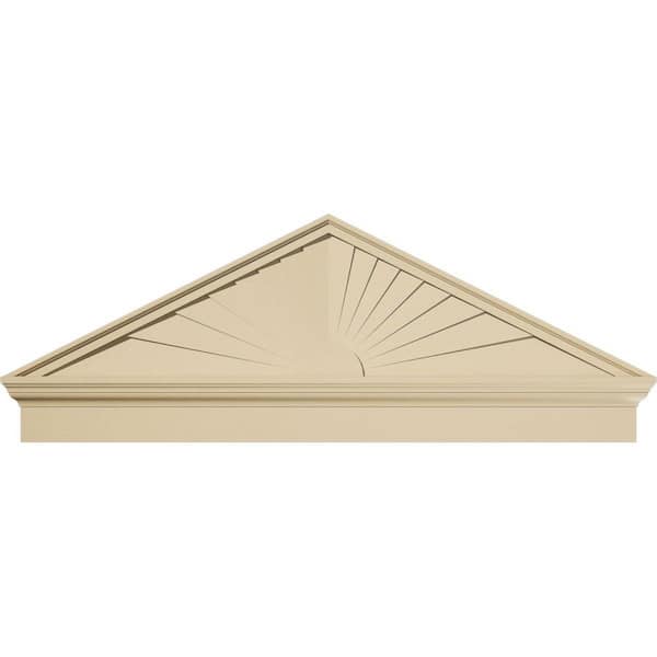 Ekena Millwork 56 in. W x 20-7/8 in. H x 2-3/4 in. P Pitch 6/12 Peaked Cap Sunburst Signature Urethane Combination Pediment, Primed Tan