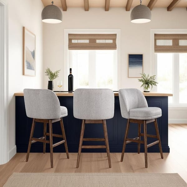 Armen Living Sadie 30 in. Taupe/Brown Oak Low Back Rubberwood Bar Stool with Polyester Fabric Seat