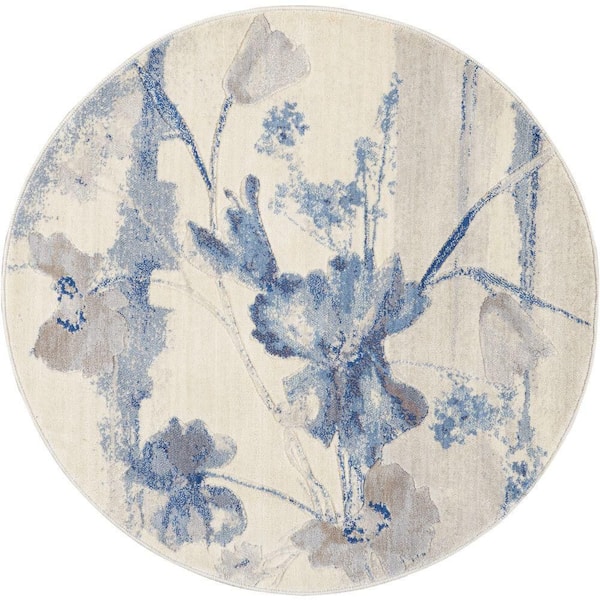 Somerset Ivory/Blue 4 ft. x 4 ft. Floral Contemporary Round Area Rug