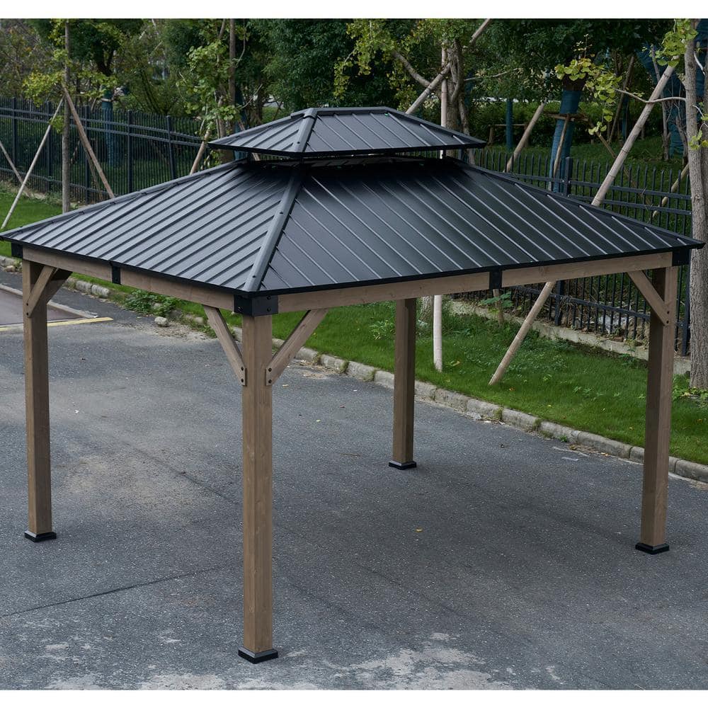 SUNMTHINK 10 ft. x 12 ft. Cedar Wood Frame Hardtop Double Roof