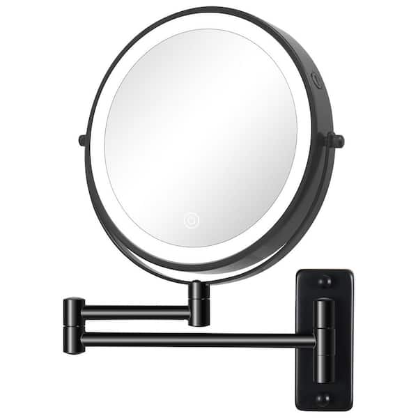 Tileon 8 in. W x 8 in. H Small Round 1X/10X Magnifying Wall Bahtroom Makeup Mirror with Built-in Battery & Type-C Port in Black