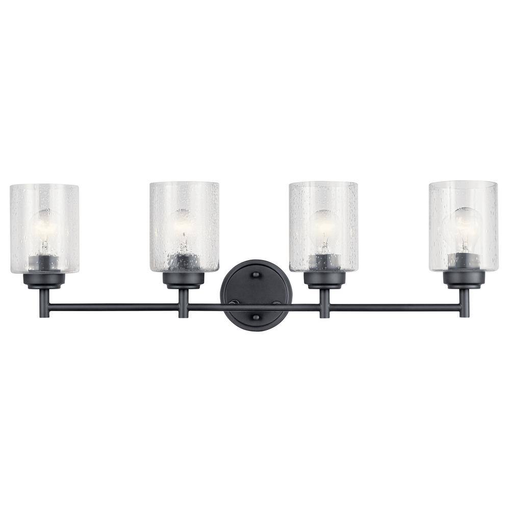KICHLER Winslow 30 in. 4-Light Black Contemporary Bathroom Vanity Light with Seeded Glass Shade