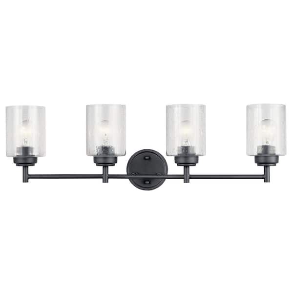 Winslow 30 in. 4-Light Black Contemporary Bathroom Vanity Light with Seeded Glass Shade