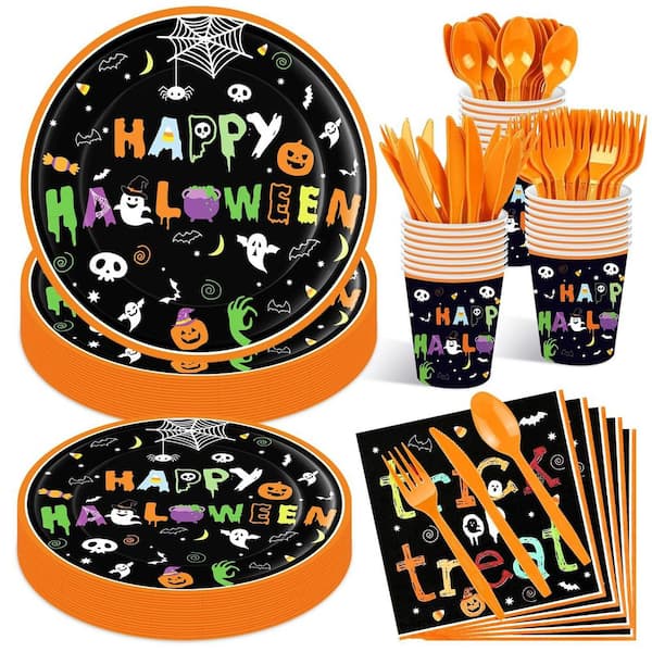 175-Piece Halloween Disposable Tableware Party Supplies Set with Plates, Cups, Napkins, Forks, Spoons and Knives for 25