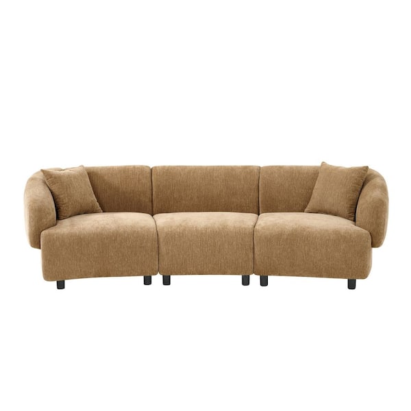 Vandor Modern 98.5 in. Round Arm Polyester Fabric Upholstery Rectangle 3 Seater Sofa in. Mocha with Pillows