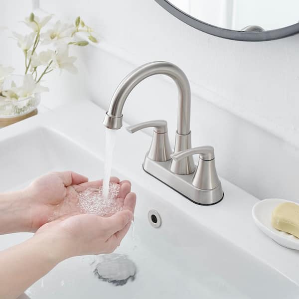 Easy Install 4 in. Centerset Double Handle Spot Resistant Bathroom Faucet with Drain Kit in Brushed Nickel