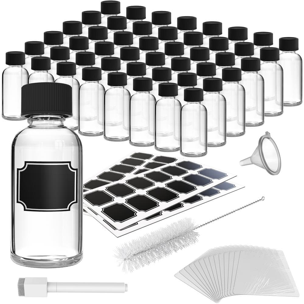 Nevlers 48 Pack 2oz Clear Small Glass Bottles with Lids | Leakproof Boston Round Glass Shot Bottles with Caps