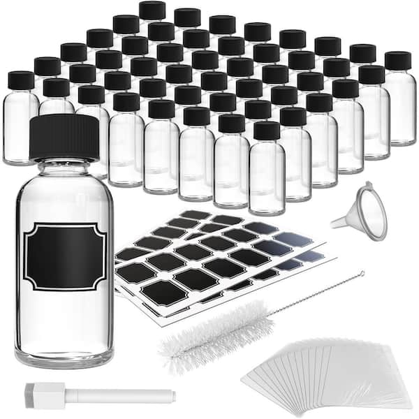 Nevlers 2 oz. Boston Round Glass Bottles with Lids, Brush, Funnels, Shrink Wrap, Marker and Labels - Clear (Pack of 48)